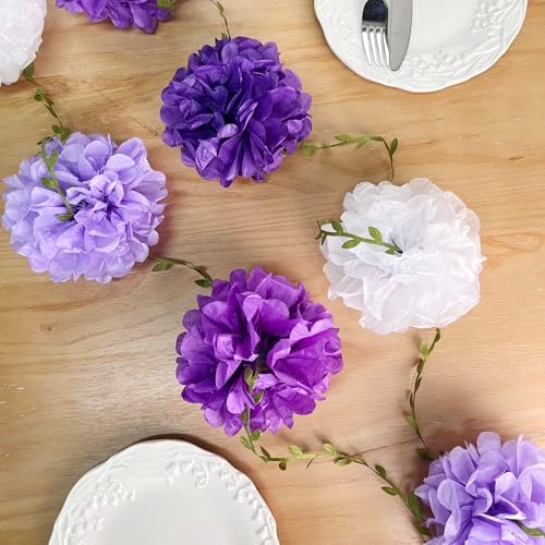 Ombre Purple White Party Decorations Lavender White Tissue Paper Flowers Pom Pom with Leaf Ribbon Hanging Garland Streamer for Birthday Bachelorette Wedding Lilac Violet Party Supplies - Image 6