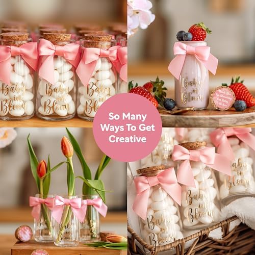 Ethisa Vintage 24 Pack Baby in Bloom Milk Glass Bottles with Ribbons and Stickers - Classy Baby Shower Favors for Guests and Table Centerpieces - Dusty Pink Floral Decorations and Candy Jar Keepsakes - Image 4