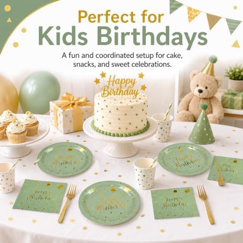48PCS Happy Birthday Plates and Napkins Party Supplies, Sage Green and Gold Disposable Paper Plates and Napkins with Forks Tableware Set for Birthday Party Decorations 16 Guests (Sage Green) - Image 4