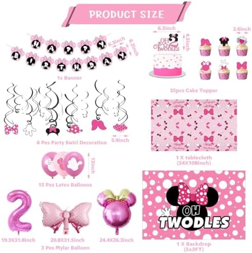 Pink Mouse 2nd Birthday Party Supplies Oh Twodles Girl Second Party Decorations Cartoon Mouse Theme Birthday Decorations Set - Image 5