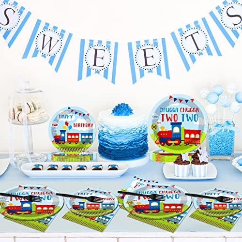 100 PCS Chugga Chugga Two Two Party Supplies Set Train Plates and Napkins 2nd Birthday Party Tableware Packs Decorations Transportation Disposable Paper Plates Napkins Forks For Kids Serve 25 - Image 5