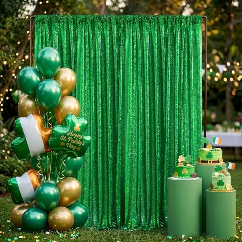 Green Sequin Backdrop Curtains-2 Panels 2FTx8FT Green Backdrop for St Patricks Day, Glitter Party Decorations Background Drapes for Wedding Birthday Anniversary Graduation Photo Booth Decor - Image 2