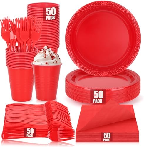 200pcs Red Plastic Plates for Party Disposable 9''Dinner Plates and Napkins by UseOnceDoneRight