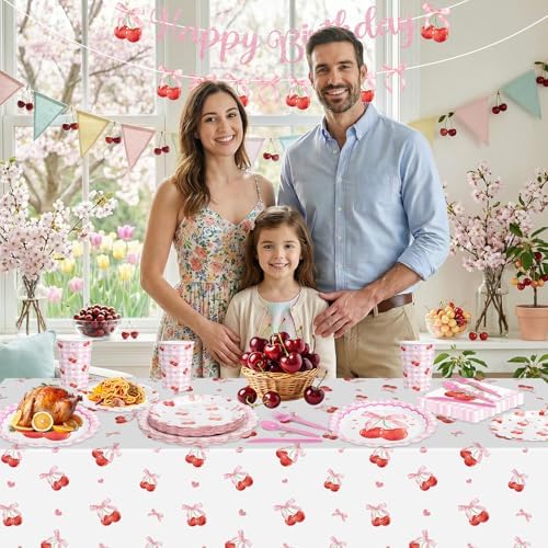 170 Pcs Cherry Birthday Decorations - Pink Bows Party Supplies Set, Happy Birthday Banner, Scalloped Paper Plates Napkins Cups, Plastic Tablecloth, Flatware for Coquette Cherry Bday Party Decoration - Image 2