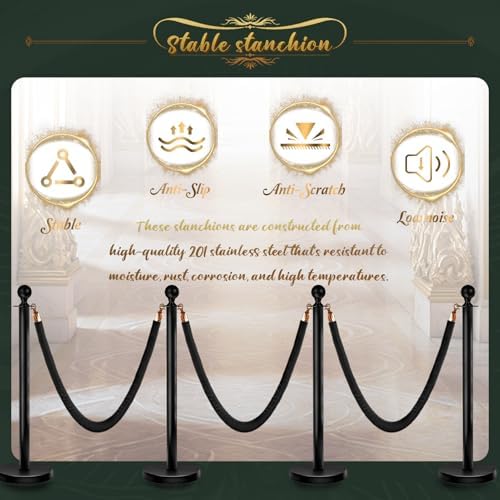 4 Pcs Black Stanchions with Velvet Ropes with 3 Pcs 5 Ft Black Velvet Ropes Carpet Ropes Posts Stanchion Set for Crowd Control Barriers for Weddings, Events, Hotels, and Party Decor - Image 3