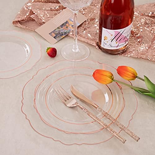 Liacere 150PCS Rose Gold Plastic Plates - Clear Rose Gold Disposable Plates with Glitter Bamboo Handle Cutlery - 60 Baroque Elegant Plates, 30 Forks, 30 Spoons, 30 Knives for Wedding ＆ Party & Summer - Image 6