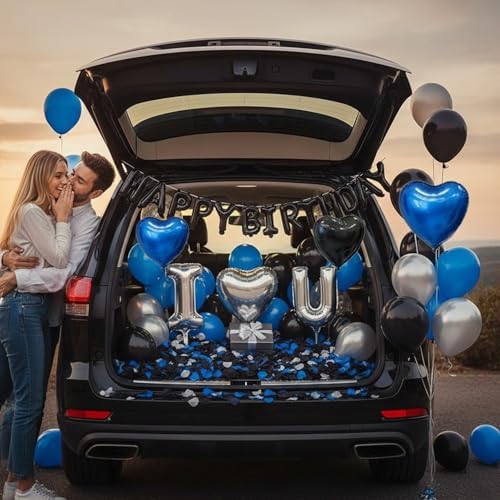 Blue Black Silver Balloons with I LOVE YOU & HAPPY BIRTHDAY Foil Balloons & Rose Petals for Romantic Special Night, Anniversary, Valentine Day, Birthday Decorations for Him, Bedroom, Hotel Room - Image 7