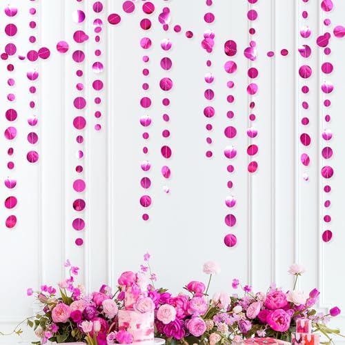 Hot Pink Party Decorations Circle Dots Garland Metallic Rose Pink Hanging Paper Polka Dots Streamer for Bachelorette Birthday Engagement Wedding Bridal Shower Anniversary Party Supplies - Image 3