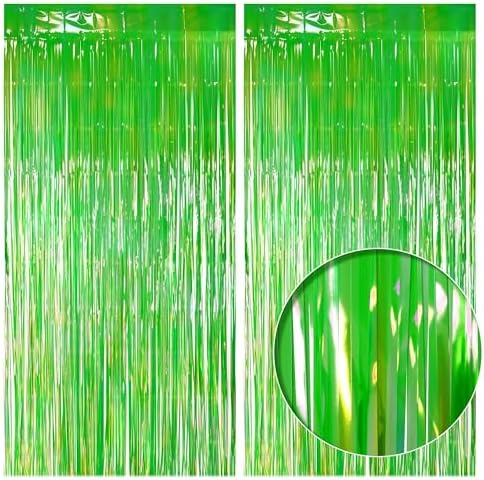 2 Pack Green Iridescent Streamers Backdrop, 3.3x6.6ft Foil Fringe Curtains Holographic Door Tinsel Streamers for Birthday, Wedding, Holiday, Bachelorette, Christmas Theme Party Decorations by JustShimmer