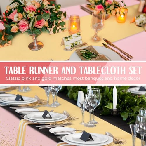 Breling 24 Pack Pink and Gold Disposable Tablecloths and Table Runner Set - Image 6