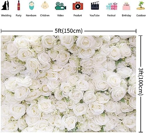 5x3FT Flower Wall Backdrop White Rose Floral Photography Background Girls Birthday Party Wedding Bridal Shower Party Decorations Portrait Photoshoot Banner Photo Booth Props - Image 2