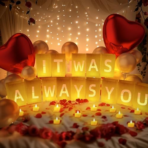 It was Always You Light Up Letters, with Tea Lights Candles, Rose Petals, Pearlescent Foil Balloons - Luminary Paper Bags, Anniversary Decorations and Proposal Decorations for Your Loved One by Peledic