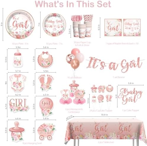351Pcs Its a girl Baby Shower Decorations Tableware Set Severs 50, Girl Baby Shower Decorations Include Banner, Balloons, Tablecloth, Plates, Cups, Table Decorations - Image 2