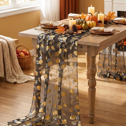 Artoid Mode Fall Gauze Table Runner 120 Inch, Metallic Foil Leaves - Image 3