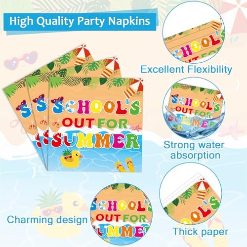 96 Pcs Happy Last Day of School Paper Party Plates and Napkins for Hello Summer Vacation Supplies Summer End of School Year Theme Dessert Tableware Set for 24 Guests Birthday Party Decorations - Image 4
