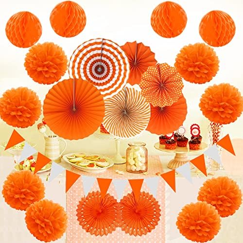 ZERODECO Party Decoration, 21 Pcs Orange Hanging Paper Fans Pom Poms Flowers, Garlands String Polka Dot and Triangle Bunting Flags for Minnie Mouse Birthday Parties Baby Showers Wedding - Image 7