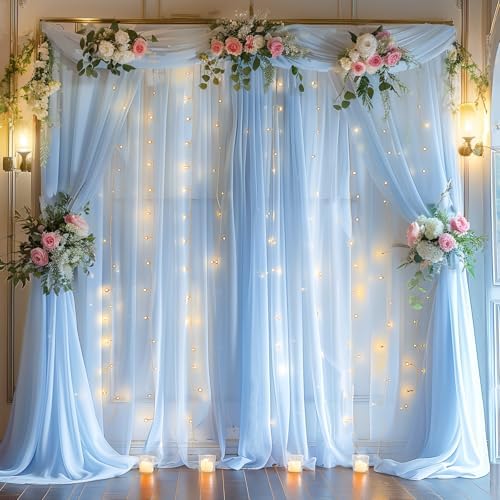10ft x 10ft Blue Backdrop Curtain with Lights String for Parties, Sheer Tulle Wedding Photo Backdrops Drapes for Baby Shower Birthday Party Decorations Background for Photography - Image 6