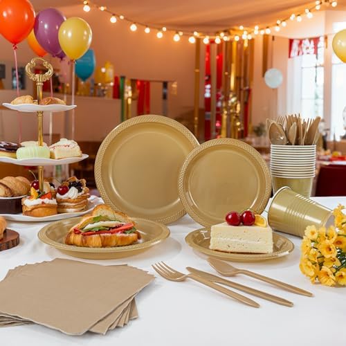 MirthMood 350PCS Gold Plastic Plates,Gold Disposable Plates –Plastic Plates Set Includes 50 Dinner,50 Dessert Plate,50 Cup&50 Napkins, 50 gold Silverware for Wedding& Parties& Birthday - Image 5