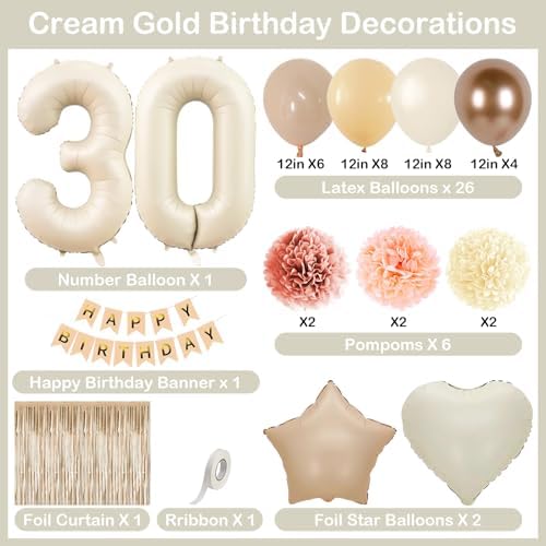 Beige Happy 30th Birthday Party Decoration for Her Cream Number 30 Balloon - Image 4