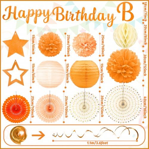 Orange Birthday Party-Decorations - 29pcs Orange Beige FAL Boho Party Decorations for Women Girls, Autumn Sweet Peach Thanksgiving Decorations Happy Birthday Banner Paper Tissue Pom Poms - ZERODECO - Image 3