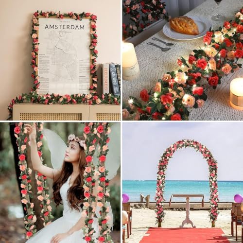 2 Pcs 16.5Ft Flower Garland with Lights, Pink Floral Garland Rose Vines - Image 6
