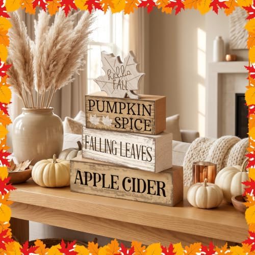 Moucuny 4 Pcs Neutral Fall Table Decor for Home Maple Leaf Wooden Blocks - Image 4