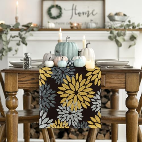 Artoid Mode Gold Black Silver Dahlia Floral Pinnata Fall Table Runner, Seasonal Kitchen Dining Table Decoration for Home Party Decor 13x72 Inch - Image 2