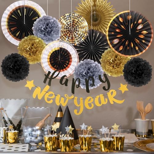 SUNBEAUTY New Years Eve Party Supplies 2026, Happy New Year Decorations Black Gold Hanging Paper Fans Tissue Pom Poms Happy New Year Banner for 2026 New Year Party Favor Supplies Decorations - Image 5