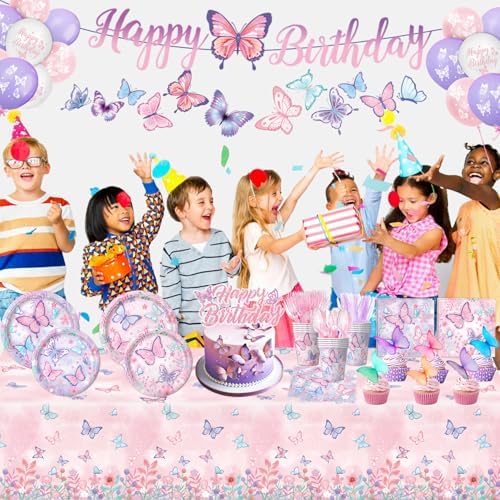 Butterfly Birthday Decorations, Girls Birthday Supplies - Plates, Napkins, Cups, Cutlery, Cake & Cupcake Toppers, Banner, Hanging Swirls, Tablecloth, Balloons for Butterfly Party Decorations, Serve 20 - Image 7