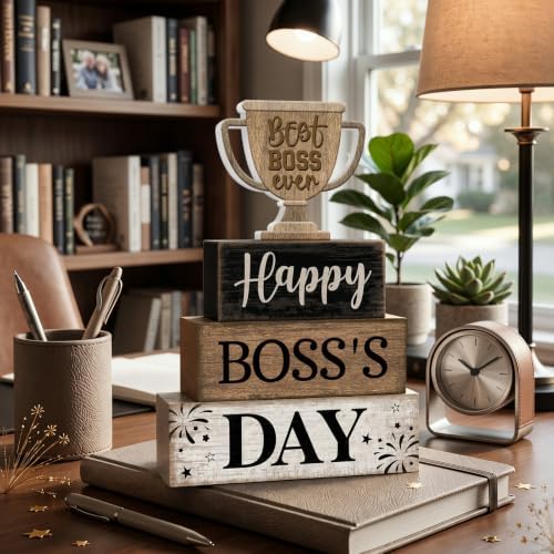 Moucuny 4 Pcs Boss Day Table Decorations Rustic Trophy Wooden Blocks Decor - Image 6