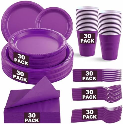 WELLIFE 210Pcs Purple Plastic Plates,Party Plates and Cups and Napkins Sets by WELLIFE