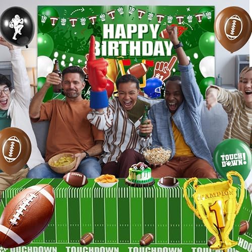 Football Birthday Decorations For Men,Happy Birthday Backdrop,Banner Balloons,Table Cloth,Paper pom poms Party Supplies for Boys - Image 3
