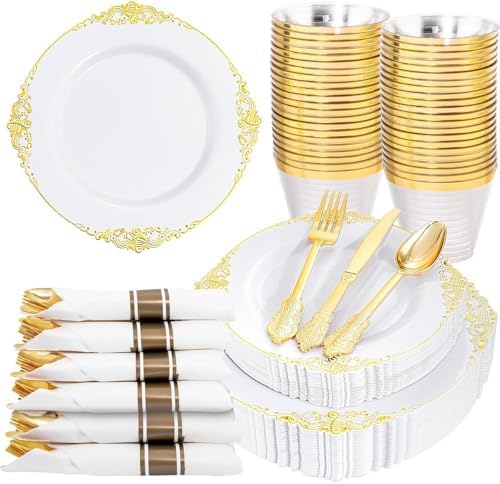 Nervure 175Pcs Gold Plastic Plates, Disposable Dinnerware Set for 25 Guests by Nervure