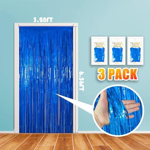 3 Pack 3.28ft x 6.56ft Glitter Blue Tinsel Foil Fringe Curtains, Photo Booth Backdrop Party Decorations for Birthday Wedding Baby Shower Graduation Bachelorette New Years - Image 2