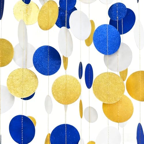 Royal Blue Gold White Party Polka Dot Garland Dark Blue Glitter Gold White Hanging Paper Circle Dots Streamer for Birthday Graduation Wedding Shower Retirement Nautical Party Decorations Supplies - Image 4