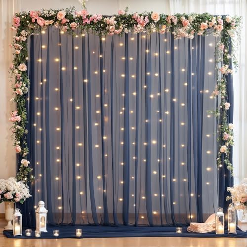 10x10ft Navy Blue Tulle Backdrop Curtain with Lights String for Parites, Sheer Photo Backdrop Curtains with Lights for Wedding Backdrop Ceremony Reception Bridal Shower Baby Shower Birthday Party by PartyTalk