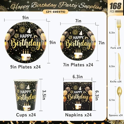 Black and Gold Happy Birthday Party Plates, 168PCS Birthday Party Supplies - Image 2