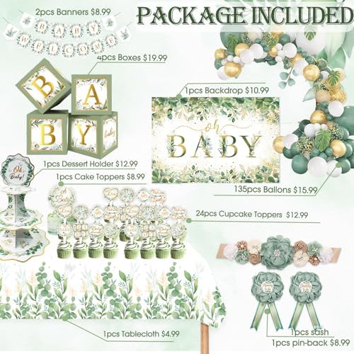 OUNIY Sage Green 172pcs Gender Neutral Baby Shower Decorations - Boho Greenery Party Supplies with Oh Baby Backdrop, Tablecloth, Balloons, BABY Box, Welcome Banner - Image 2