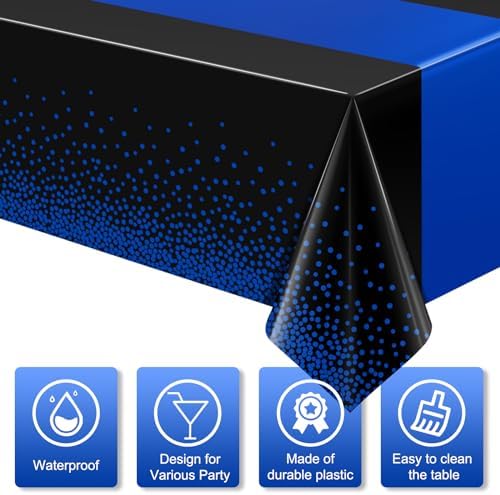 MASHAN 12Pcs Black and Blue Tablecloth Party Decorations,Plastic Black Table Cloth Printed Blue Runner Disposable Rectangle Table Cover for Birthday Wedding Anniversary Graduation Party,54 x108 Inch - Image 4