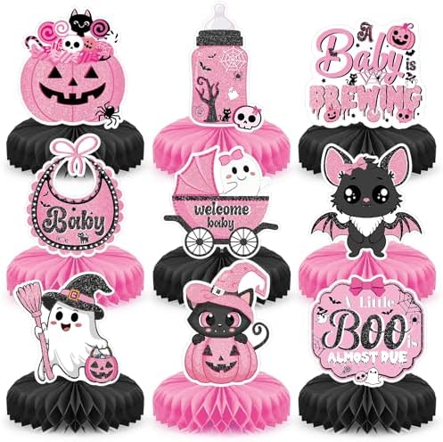 9Pcs Halloween Baby Shower Decorations A Little Boo is Almost Due Baby Shower Black pink Halloween Honeycomb Centerpieces Decorations for Gender Reveal Party Favor Supplies by Unknown