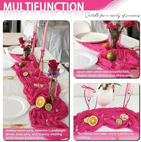 8 Pack Hot Pink Cheesecloth Table Runner 17x108 inch Rustic Gauze Table Runner Sheer Boho Fabric Cheese Cloth Table Runner for Wedding Party Baby Bridal Shower - Image 7