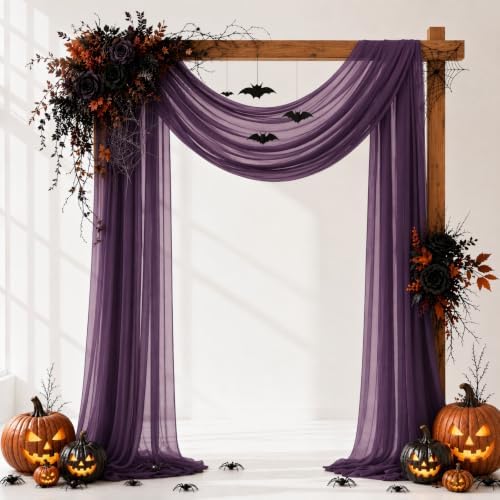 Plum Purple Wedding Arch Draping Fabric Sheer Curtain Drapes 2 Panels | 20 ft Extra Long Shimmery Backdrop Curtains for Wedding Anniversary Party Summer Outdoor Events Drapery Backgrounds - Image 2