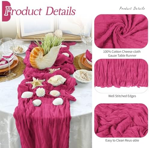 6 Pack Hot Pink Cheesecloth Table Runner 17x108 Inch Semi Sheer Boho Gauze Cheese Cloth Fabric Table Runners Table Decor for Wedding Party Baby Shower Birthday Home Decor Garden Farmhouse - Image 3
