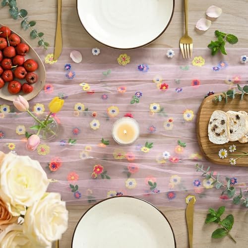 Artoid Mode Pink Embroidery Daisy Gauze Table Runner 120 Inch 10FT - Image 2