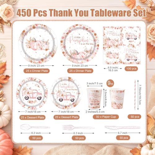 450 Pcs Little Pumpkin Baby Shower Tableware Set, Serve 50, Rose Pink - Image 2