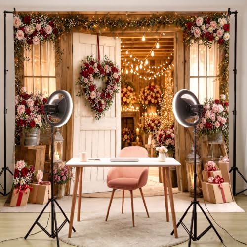 Rustic Wooden Farmhouse Door Backdrop Red Pink Floral Wreath String Lights Barn Wedding Photography Background Country Bridal Shower Valentine Party Photo Booth Decor 10X8 FT - Image 4