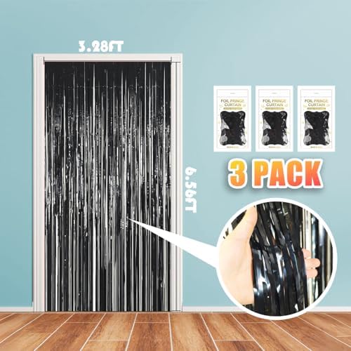 3 Pack 3.28ft x 6.56ft Black Metallic Tinsel Foil Fringe Curtains, Photo Booth Backdrop Party Decorations for Birthday Wedding Baby Shower Graduation Bachelorette New Years - Image 2