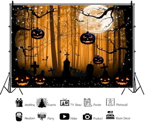 Misty Forest Backdrop Dark Spooky Halloween Eve Full Moon Orange Black Horror Spider Cemetery Hanging Pumpkins Background Photography Studio Photo Booth Props 9x6ft - Image 6