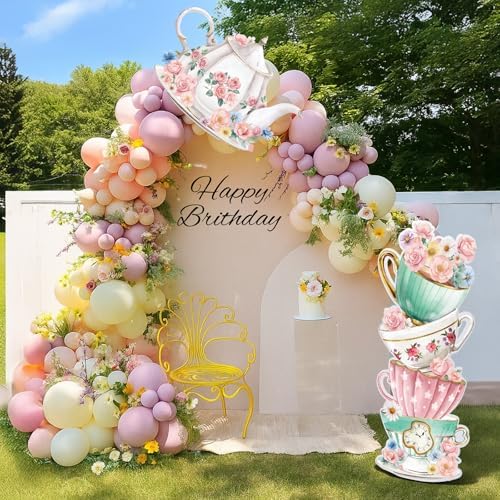 Panelee Wonderland Tea Party Yard Decoration, Wonderland Garden Yard Sign Stand Set Stacked Teacups and Teapot with Brackets for Tea Party Birthday Halloween Outdoor Decoration(Elegant Style) - Image 2