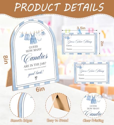 Blue Jean Baby Shower Games, Denim Western Guess How Many Candies Are In The Jar, 6x8 Inch Arch Wooden Sign With Stand And 50 Guessing Cards, Gender Reveal Party Supplies & Decorations - JC06 - Image 2